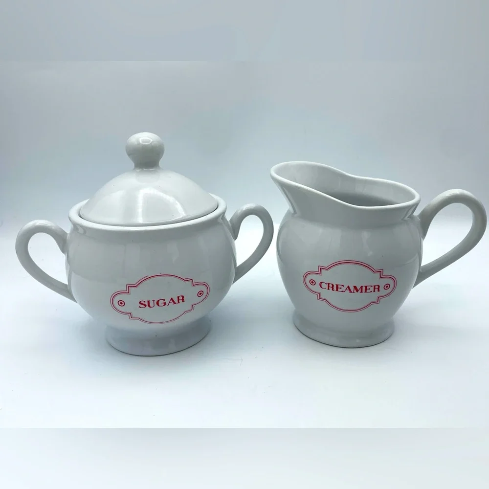 C R Gibson Farmhouse White Sugar and Creamer Set with Red Accents